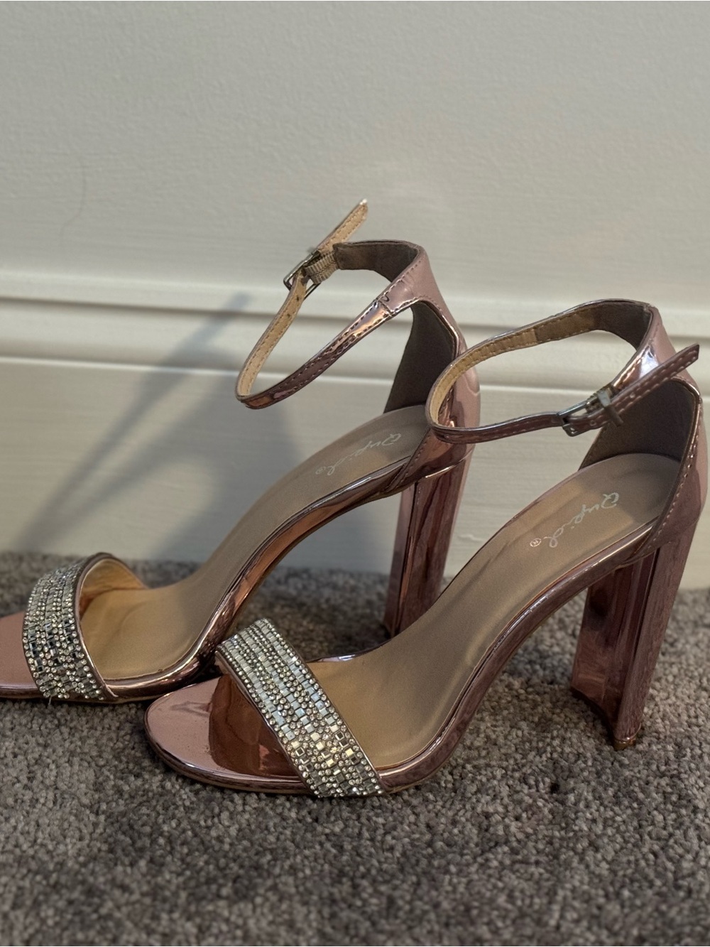Women's Rose Gold Rhinestone Block Heel Sandals